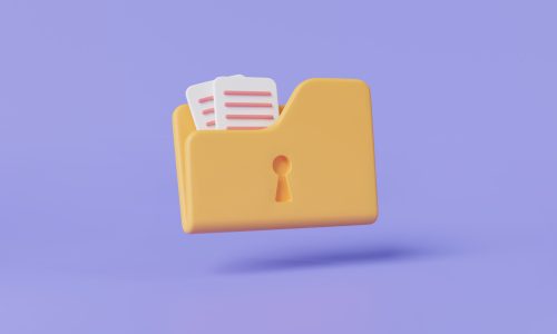 Folder lock icon isolated on purple background. Modern private folder, safe confidential information, data storage, computer folder. Data security concept. 3D rendering illustration, minimal style