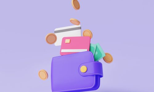 Purple wallet with credit card or debit card, coin and banknotes floating on purple background. payment online, digital wallet, money online, saving money, cashback, 3d icon render illustration