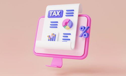 Tax payment document with percentage icon on pc. e-Payment, tax form, online tax payment, financial management, business tax, accounting, budget planning Tax payment concept. 3d render illustration